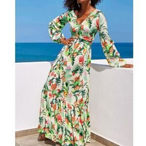 Boston Proper Sea Life Tropical V-Neck Long Sleeve Maxi Beachy Dress 8 M